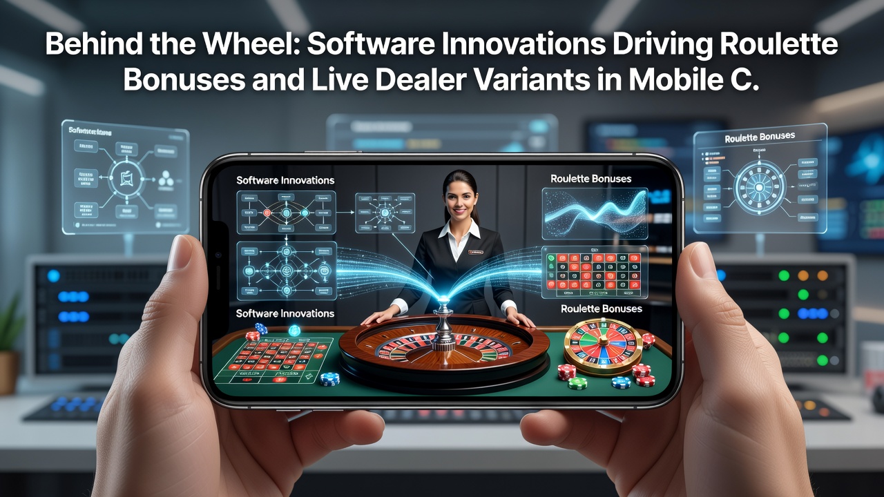 Close-up of live dealer roulette wheel with mobile app overlays displaying bonus progress and variant selection menus